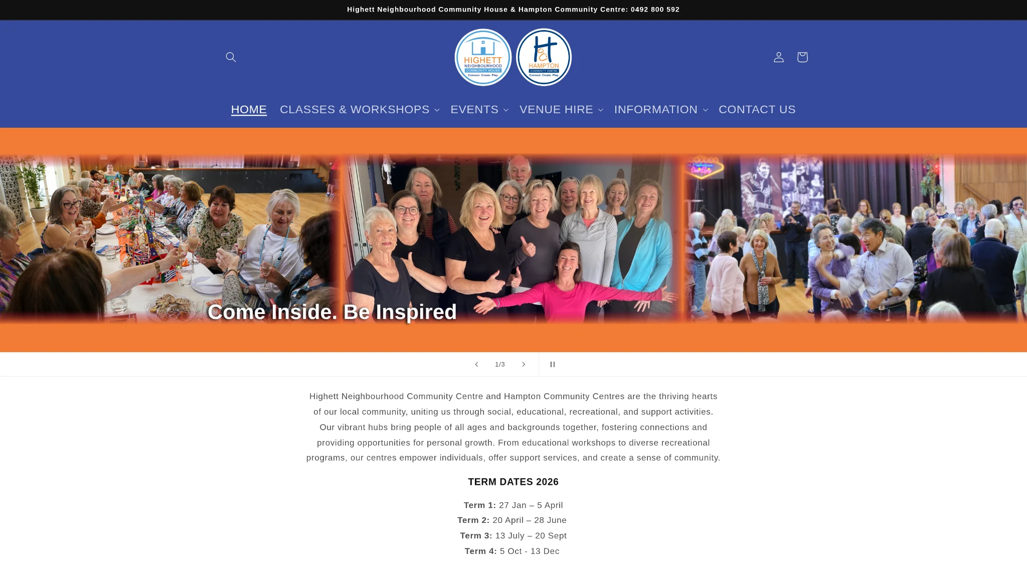 Hampton & Highett Community Centres website homepage